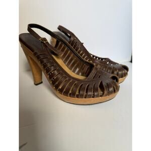 Michael Kors Brown Leather Wooden Platform Peep Toe Heels Size 7